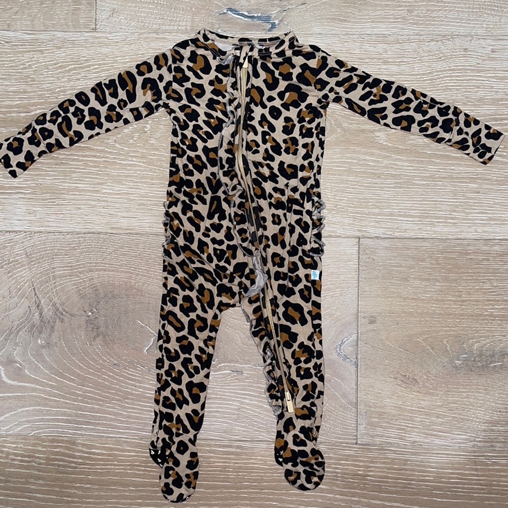 Posh Peanut Lana Leopard Tan Footie Ruffled Zippered One Piece 3-6 Months